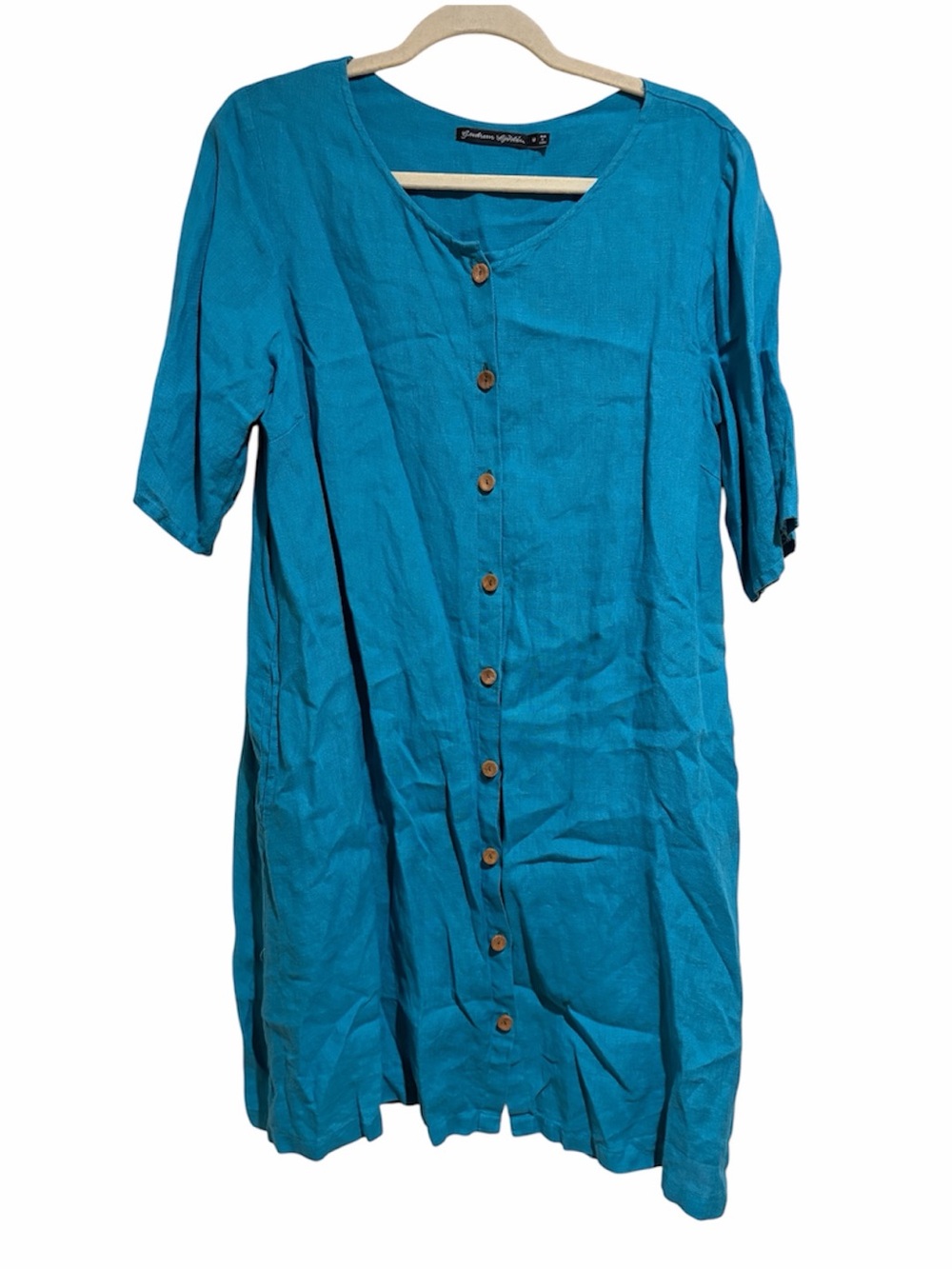 Gudrun Sjoden Blue Button Down Short Sleeve Dress Lagenlook Linen Size Medium